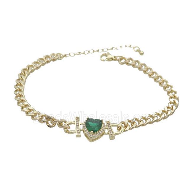 Copper Bracelet Pave Green Crystal Heart Gold Plated