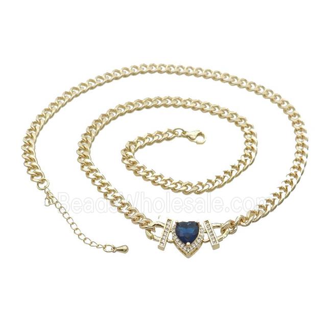 Copper Necklace Pave Blue Crystal Heart Gold Plated