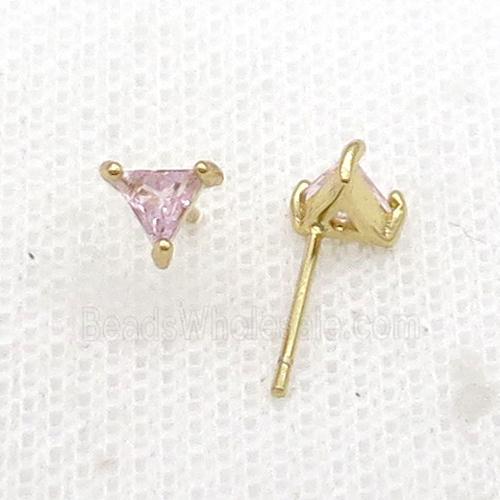 Copper Stud Earring Pave Zircon Pink Crystal Triangle Gold Plated