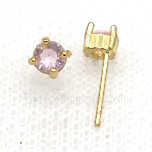 Copper Stud Earring Pave Zircon Pink Crystal Gold Plated