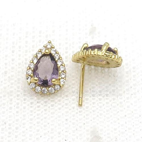 Copper Stud Earring Pave Zircon Purple Crystal Teardrop Gold Plated
