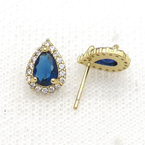 Copper Stud Earring Pave Zircon Blue Crystal Teardrop Gold Plated