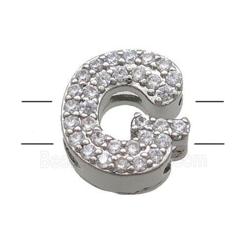Copper Alphabet Beads Pave Zircon Letter-G 2holes Platinum Plated