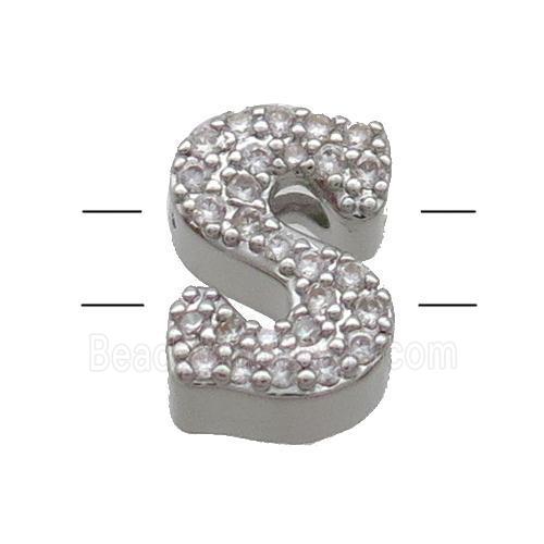 Copper Alphabet Beads Pave Zircon Letter-S 2holes Platinum Plated