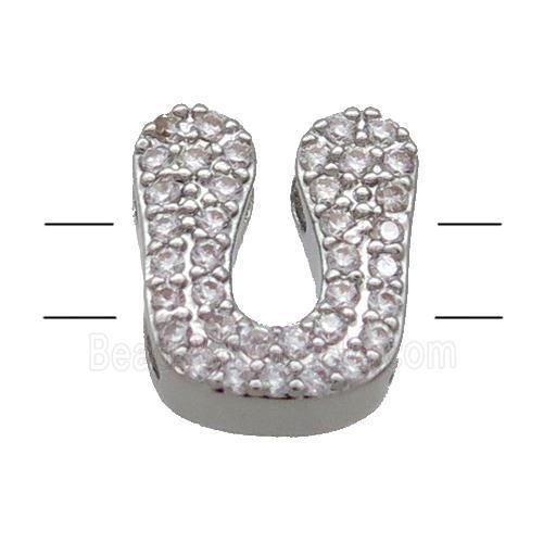Copper Alphabet Beads Pave Zircon Letter-U 2holes Platinum Plated