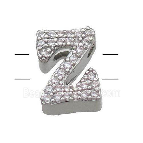 Copper Alphabet Beads Pave Zircon Letter-Z 2holes Platinum Plated