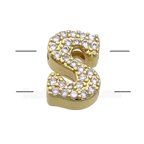 Copper Alphabet Beads Pave Zircon Letter-S 2holes Gold Plated