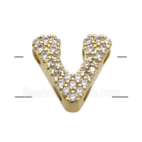 Copper Alphabet Beads Pave Zircon Letter-V 2holes Gold Plated