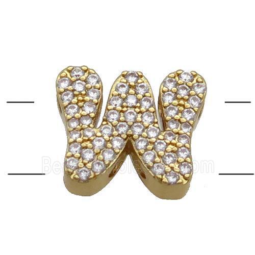 Copper Alphabet Beads Pave Zircon Letter-W 2holes Gold Plated
