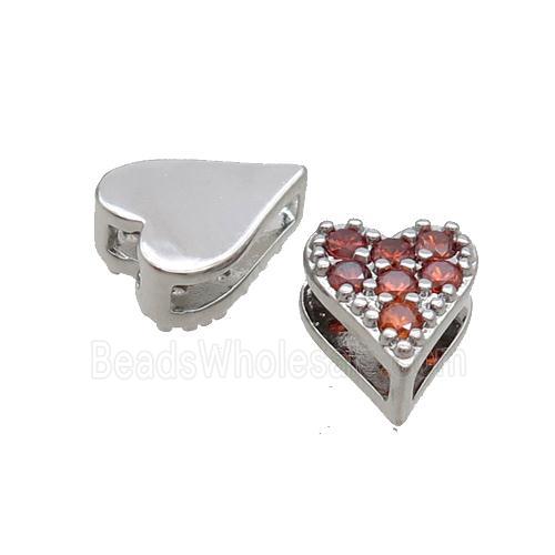 Copper Heart Beads Pave Red Zircon Platinum Plated