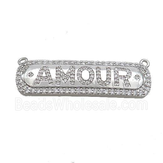 Copper Rectangle Pendant Pave Zircon AMOUR with 2loops Platinum Plated