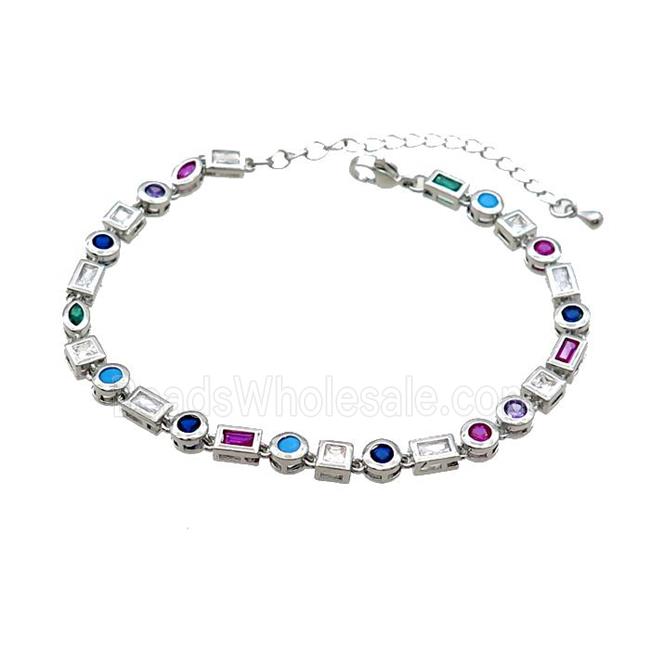 Copper Bracelet Pave Zircon Multicolor Platinum Plated