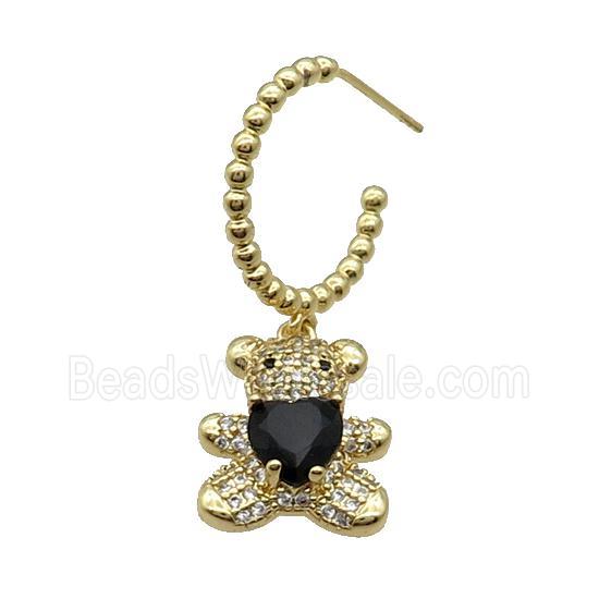 Copper Stud Earring With Bear Pave Zircon Black Gold Plated