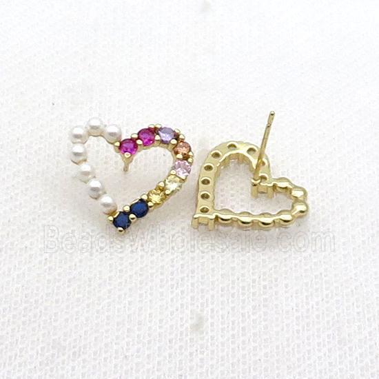 Copper Heart Stud Earring Pave Multicolor Zircon Gold Plated