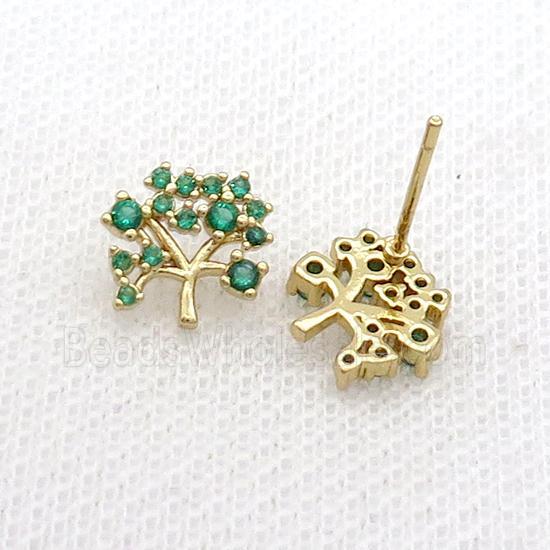 Copper Stud Earring Pave Green Zircon Tree Gold Plated