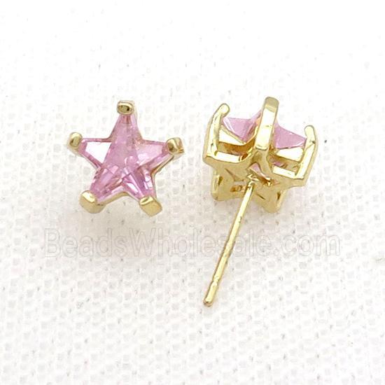 Copper Stud Earring Pave Pink Crystal Star Gold Plated