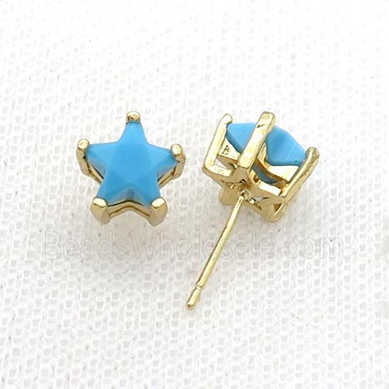 Copper Stud Earring Pave Turq Crystal Star Gold Plated