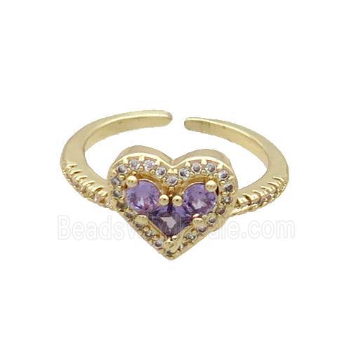 Copper Ring Pave Purple Zircon Heart Gold Plated