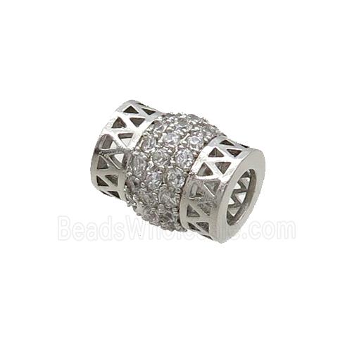 Copper Tube Beads Pave Zircon Large Hole Platinum Plated