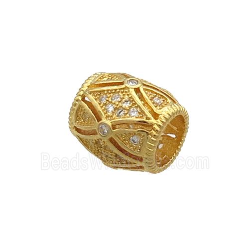 Copper Barrel Beads Pave Zircon Large Hole Gold Plated