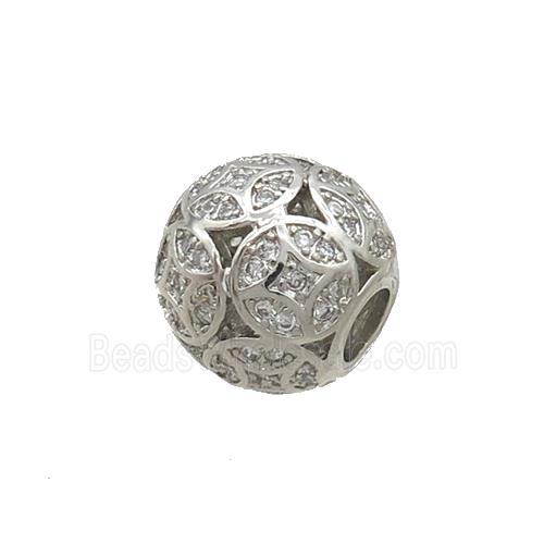 Copper Round Beads Pave Zircon Large Hole Platinum Plated