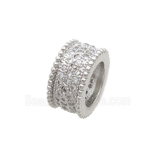 Copper Tube Beads Pave Zircon Large Hole Platinum Plated
