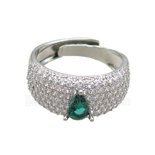 Copper Ring Pave Zircon Green Crystal Glass Teardrop Adjustable Platinum Plated