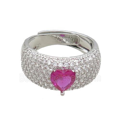 Copper Ring Pave Zircon Hotpink Crystal Glass Heart Adjustable Platinum Plated