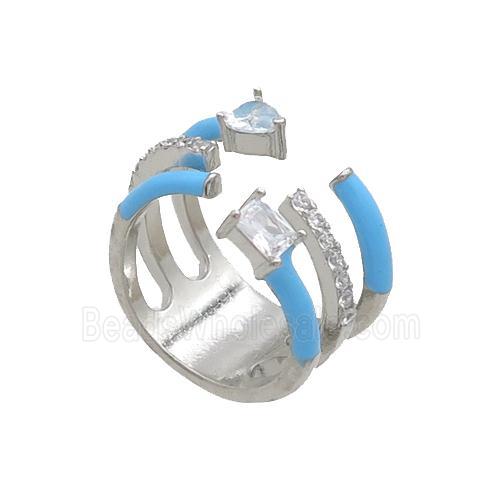 Copper Ring Pave Zircon Blue Enamel Platinum Plated
