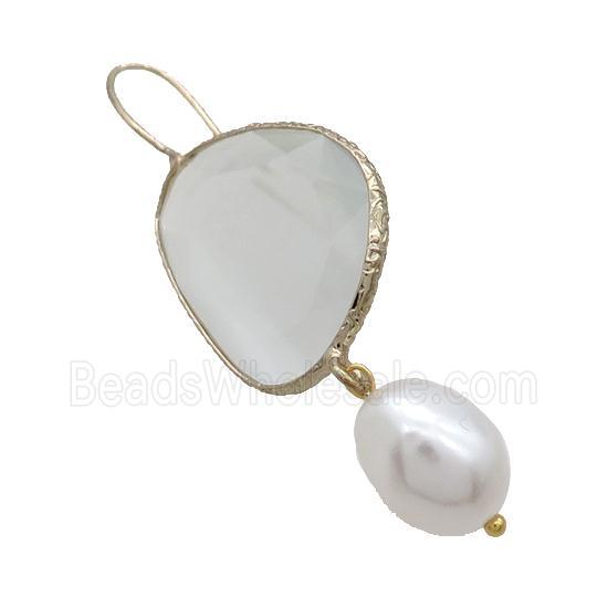 Copper Hook Earring With Pearlized Shell Lt.green Cat Eye Glass Gold Plated