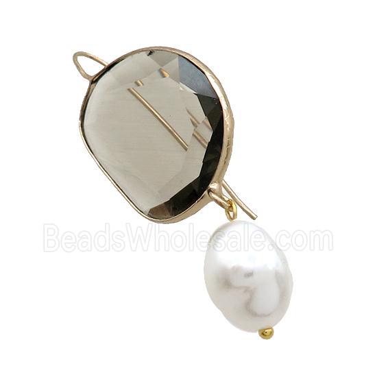 Copper Hook Earring With Pearlized Shell Smoky Cat Eye Glass Gold Plated