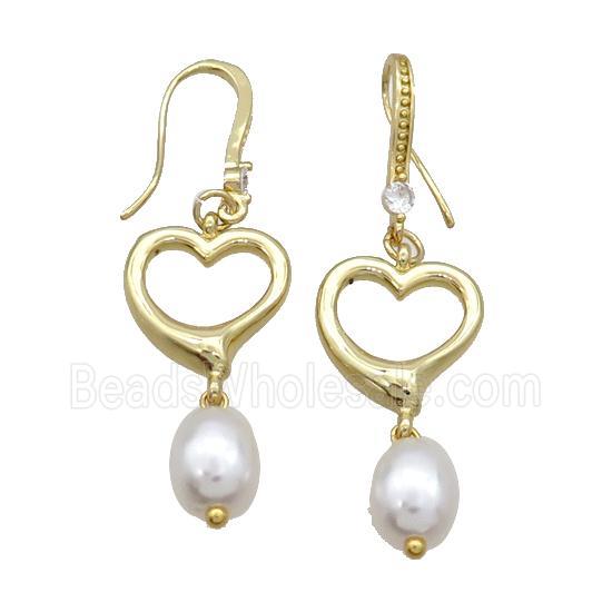 Copper Hook Earring Pave Zircon Heart Pearlized Shell Gold Plated
