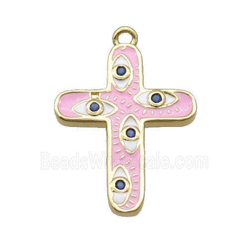 Copper Cross Pendant Pave Zircon Pink Enamel Eye Gold Plated