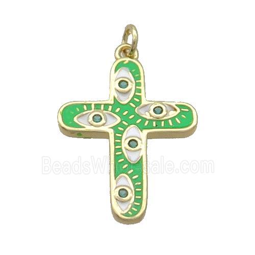 Copper Cross Pendant Pave Zircon Green Enamel Eye Gold Plated