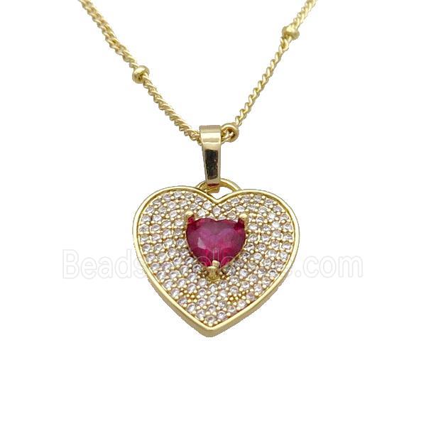 Copper Necklace With Heart Pave Zircon Red Gold Plated