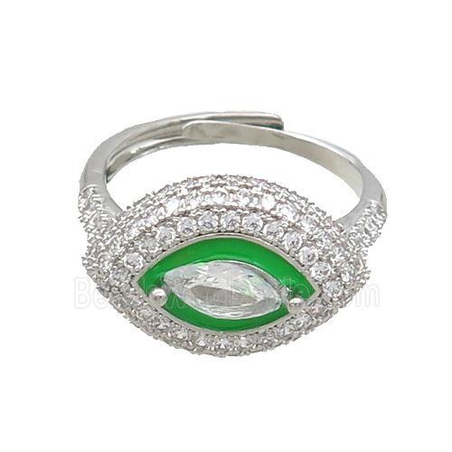 Copper Ring Pave Zircon Green Enamel Eye Adjustable Platinum Plated
