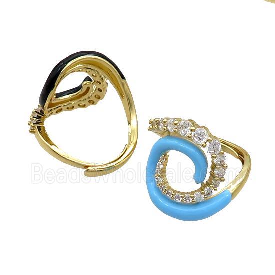 Copper Ring Pave Zircon Blue Enamel Adjustable Gold Plated