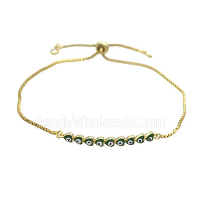 Copper Bracelet Green Enamel Evil Eye Heart Adjustable Gold Plated