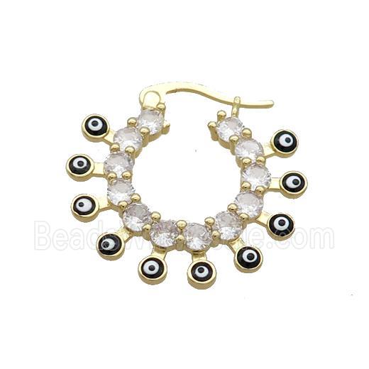 Copper Latchback Earring Pave Crystal Glass Black Enamel Evil Eye Gold Plated
