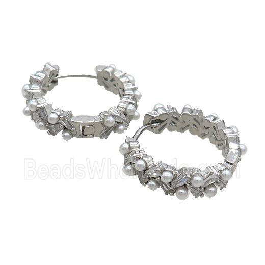 Copper Hoop Earring Pave Zircon Pearlized Glass Platinum Plated