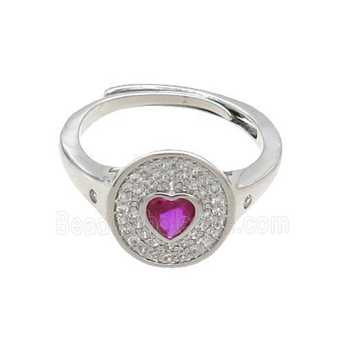 Copper Ring Pave Zircon Circle Hotpink Heart Adjustable Platinum Plated