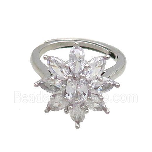 Copper Ring Pave Clear Crystal Glass Flower Adjustable Platinum Plated