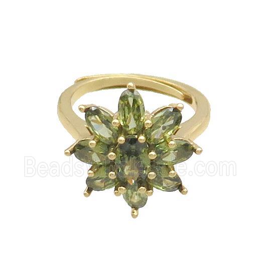 Copper Ring Pave Olive Crystal Glass Flower Adjustable Gold Plated
