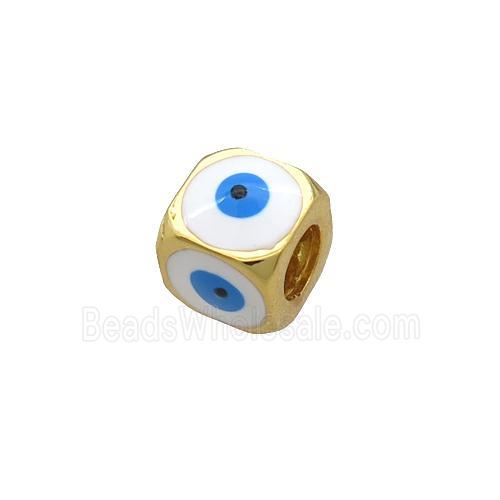 Copper Cube Beads White Enamel Evil Eye Large Hole Gold Plated