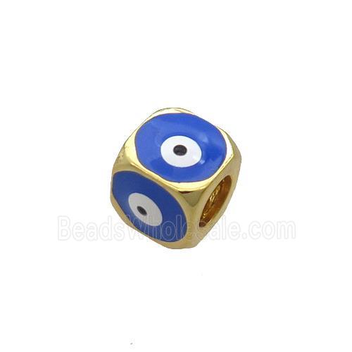 Copper Cube Beads Blue Enamel Evil Eye Large Hole Gold Plated