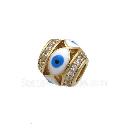 Copper Barrel Beads Pave Zircon White Enamel Evil Eye Large Hole Gold Plated