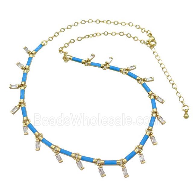 Copper Necklace Pave Zircon Blue Enamel Gold Plated