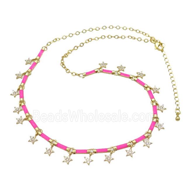 Copper Necklace Pave Zircon Hotpink Enamel Gold Plated