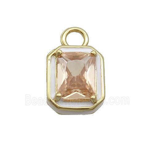 Copper Rectangle Pendant Pave Champagne Crystal Glass White Enamel Gold Plated