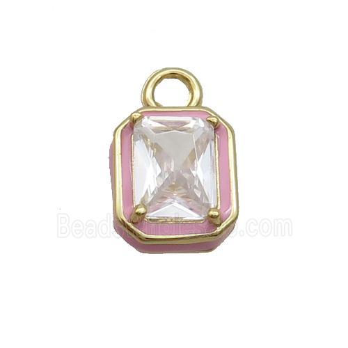 Copper Rectangle Pendant Pave Clear Crystal Glass Pink Enamel Gold Plated